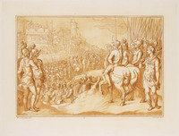 KG 16082
<br/>
Romeins? leger trekt naar een stad
<br/>
<em>Scacciati, Andrea (1725-1771)</em>